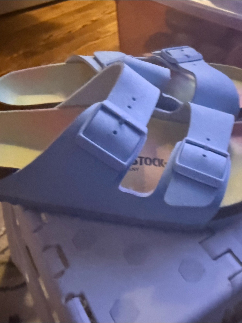 Birkenstock Arizona Sandal- Light Blue with Pastel Rainbow EVA footbed - Picture 3 of 4